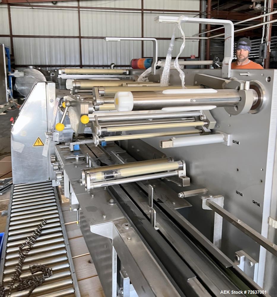 Used SIG Horizontal Flow Wrapper, Model HBM. Wrapper is rated for speeds from 50 to 350 packages per minute. Has a 7.5" serrated blade seal jaw for a package size range of 2" to 20" in length, up to ...