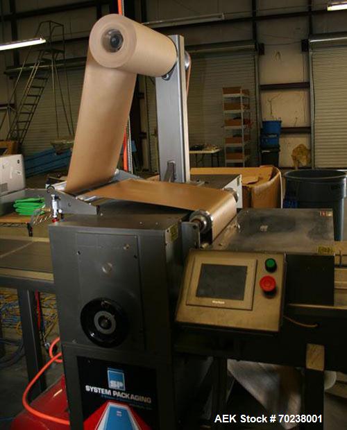 Used-System Packaging 9000-18 Cold Seal Packaging Machine with an infeed barcode scanner, quick change pneumatic spindles, t...