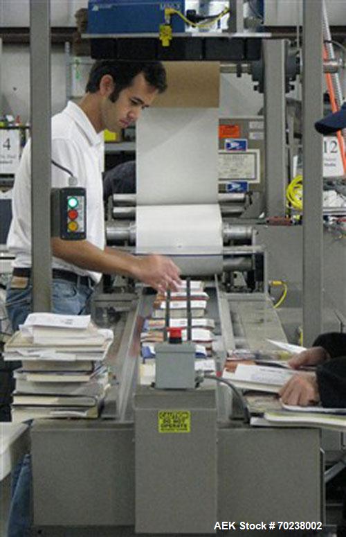 Used System Packaging 9000-18 Cold Seal Packaging Machine with an infeed barcode scanner, quick change pneumatic spindles, top and bottom perforators for easy package opening, Weber 5200 print and ap...