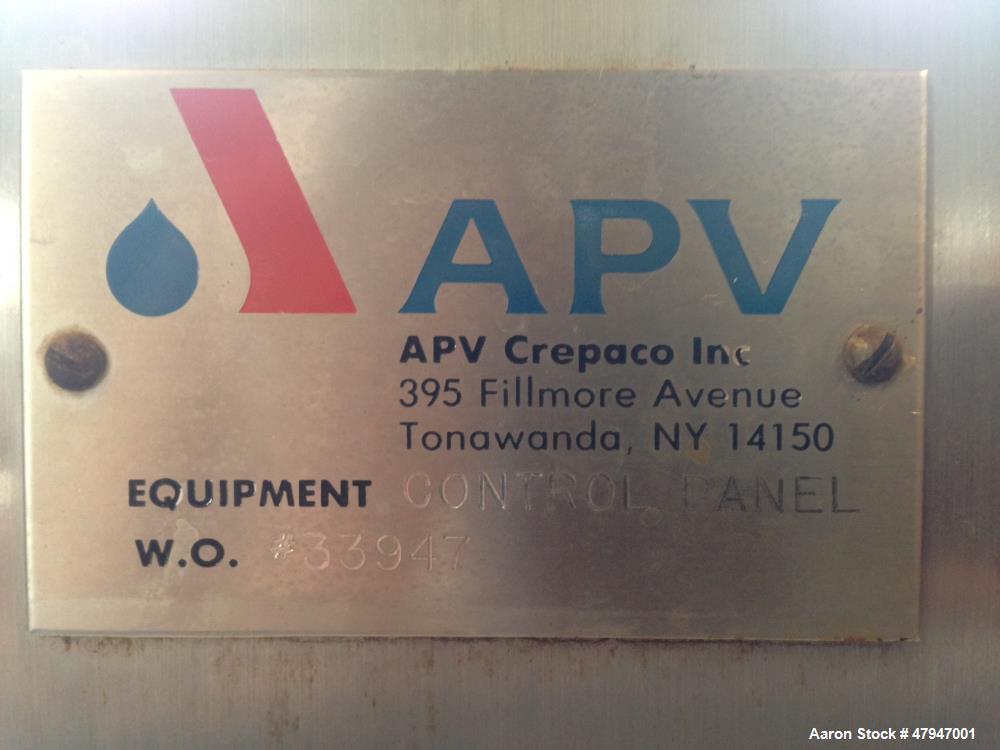Used APV Apple Cider Pasteurizer. Plate and frame heat exchanger, on skid. Model PPAC-05, Apple cider flowrate at 40 degrees F: 5 GPM. Hot water flowrate at 185 degrees F: 10 GPM. 47,000 heating BTUs...