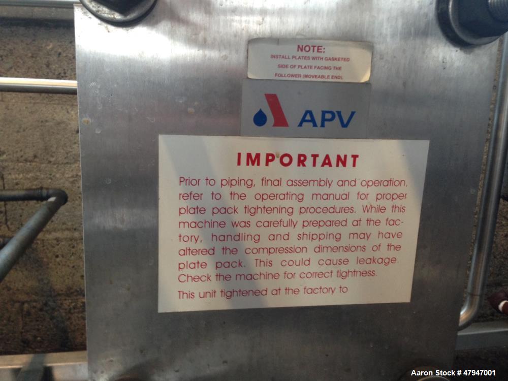 Used APV Apple Cider Pasteurizer. Plate and frame heat exchanger, on skid. Model PPAC-05, Apple cider flowrate at 40 degrees F: 5 GPM. Hot water flowrate at 185 degrees F: 10 GPM. 47,000 heating BTUs...