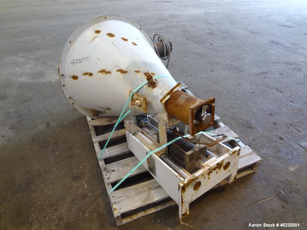 Used Cincinnati Milacron Crammer Feeder. Approximately 5" diameter 304 stainless steel vertical feed screw. Carbon steel slant cone hopper approximately 28" diameter x 34" deep. Screw driven by a 3 h...