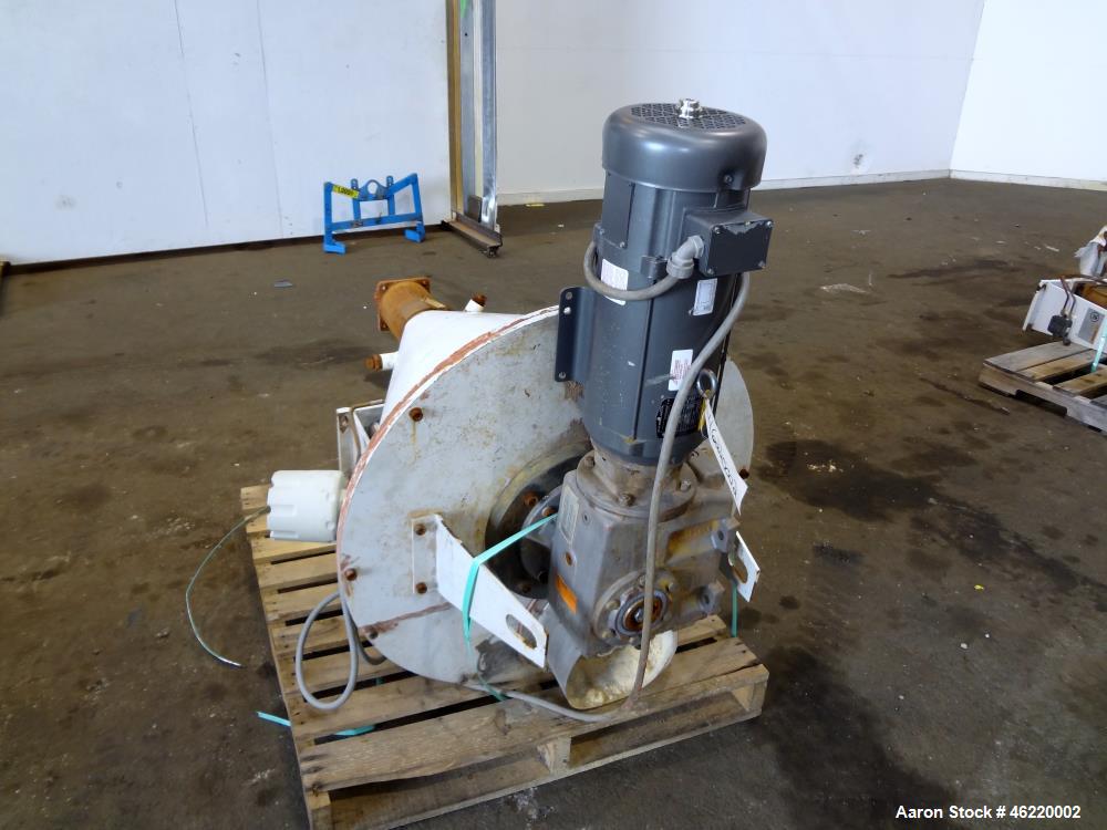Used Cincinnati Milacron Crammer Feeder. Approximately 5" diameter 304 stainless steel vertical feed screw. Carbon steel slant cone hopper approximately 28" diameter x 34" deep. Screw driven by a 3 h...