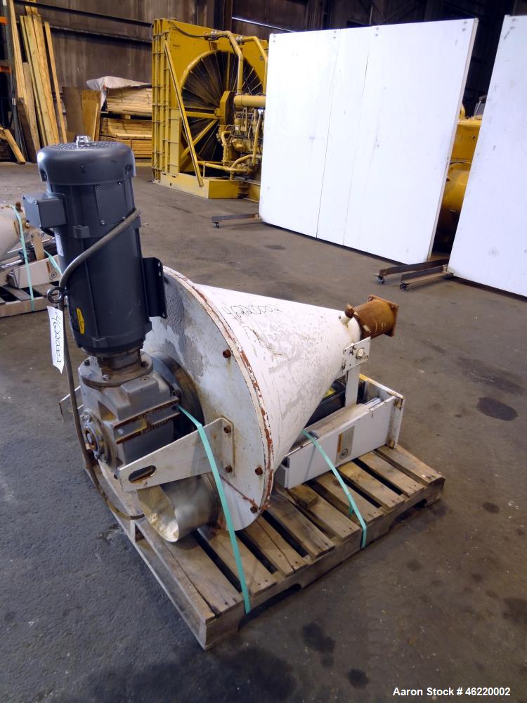 Used Cincinnati Milacron Crammer Feeder. Approximately 5" diameter 304 stainless steel vertical feed screw. Carbon steel slant cone hopper approximately 28" diameter x 34" deep. Screw driven by a 3 h...