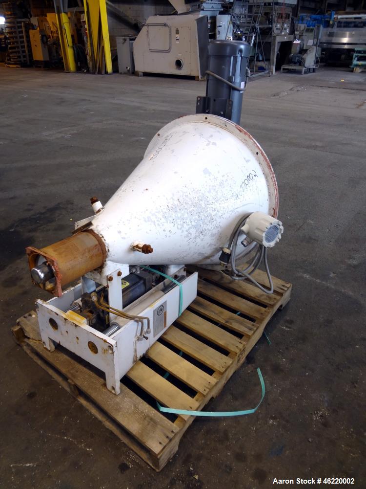 Used Cincinnati Milacron Crammer Feeder. Approximately 5" diameter 304 stainless steel vertical feed screw. Carbon steel slant cone hopper approximately 28" diameter x 34" deep. Screw driven by a 3 h...