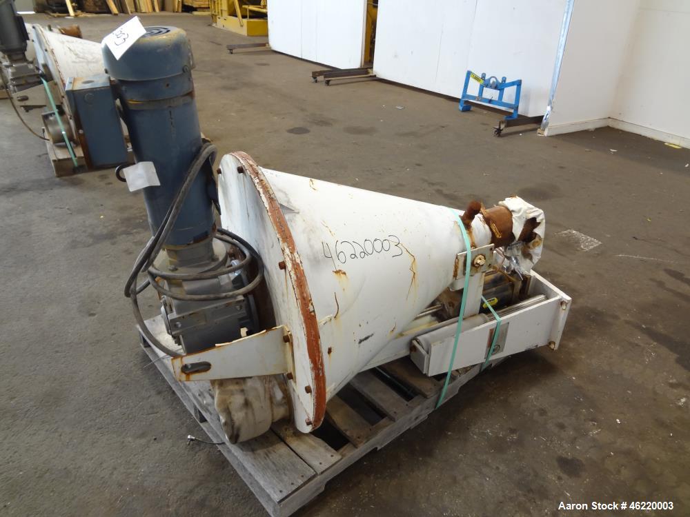 Used Cincinnati Milacron Crammer Feeder. Approximately 5" diameter 304 stainless steel vertical feed screw. Carbon steel slant cone hopper approximately 28" diameter x 34" deep. Screw driven by a 3 h...