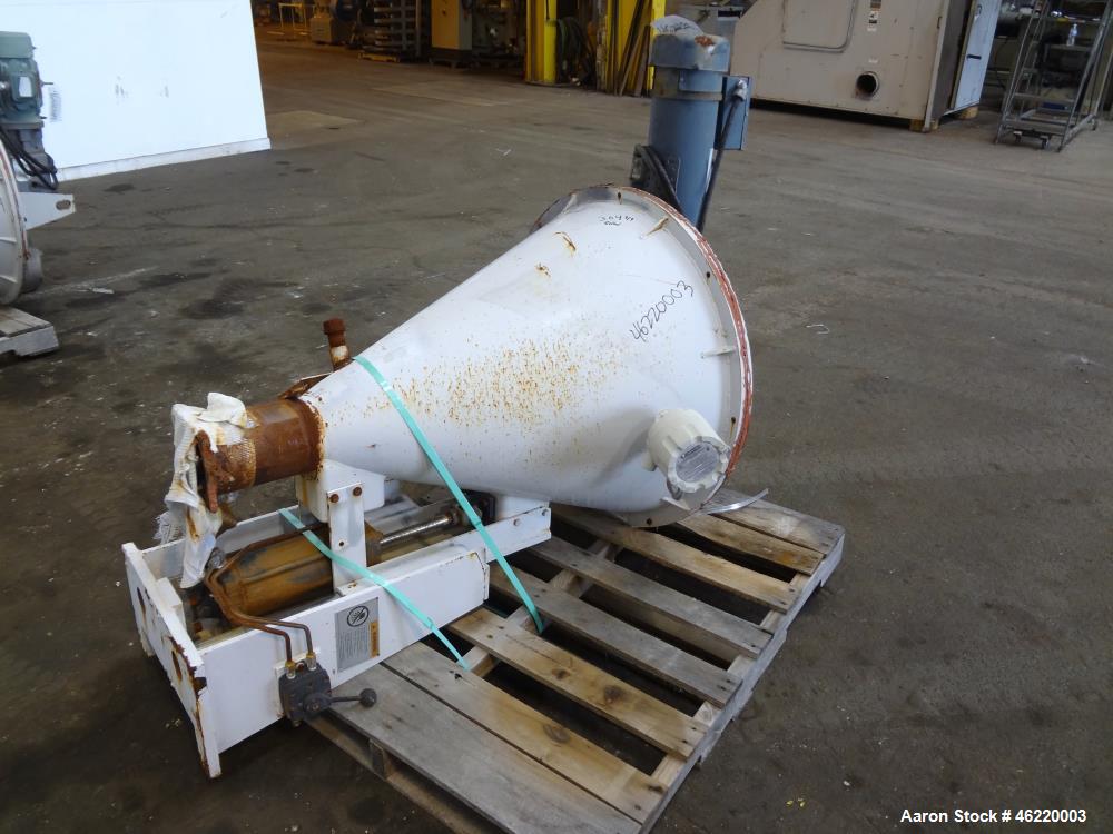 Used Cincinnati Milacron Crammer Feeder. Approximately 5" diameter 304 stainless steel vertical feed screw. Carbon steel slant cone hopper approximately 28" diameter x 34" deep. Screw driven by a 3 h...