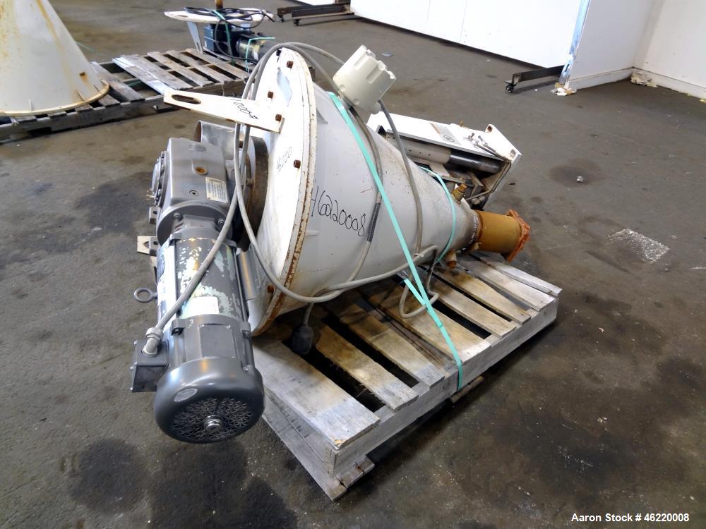 Used Cincinnati Milacron Crammer Feeder. Approximately 5" diameter 304 stainless steel vertical feed screw. Carbon steel slant cone hopper approximately 28" diameter x 34" deep. Screw driven by a 3 h...