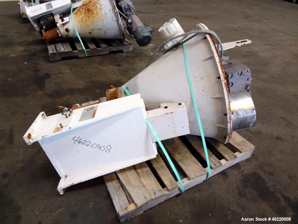 Used Cincinnati Milacron Crammer Feeder. Approximately 5" diameter 304 stainless steel vertical feed screw. Carbon steel slant cone hopper approximately 28" diameter x 34" deep. Screw driven by a 3 h...