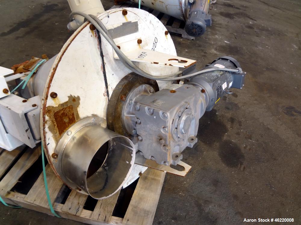 Used Cincinnati Milacron Crammer Feeder. Approximately 5" diameter 304 stainless steel vertical feed screw. Carbon steel slant cone hopper approximately 28" diameter x 34" deep. Screw driven by a 3 h...