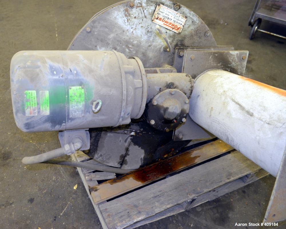Used Foremost Crammer Feeder, Model CF1A, Carbon Steel. Coned hopper approximate 32" diameter x 18" deep. Approximate 3" diameter feed screw driven by an approximate 3hp, 3/60/220/440 volt, 1200 rpm ...