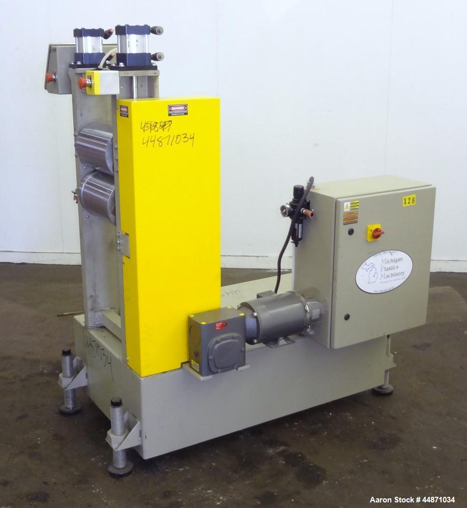 Used Michigan Plastics Machinery Embossing Stand.  (2) Approximately 8" diameter x 12" long cored rolls, pneumatically adjustable.  Driven by a 3/4 hp, 3/60/230/460 volt, 1725 rpm gear motor.  Includ...