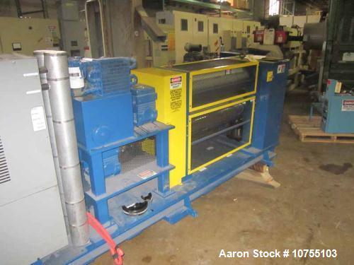 Used BF Perkins Two Roll Vertical Closed Frame Embosser, 36" face x 12" diameter steel induction hardened rolls, one mirror finish and one with 50 RMS finish.  Powered by two 2 hp AC motors via GE AF...