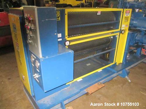 Used BF Perkins Two Roll Vertical Closed Frame Embosser, 36" face x 12" diameter steel induction hardened rolls, one mirror finish and one with 50 RMS finish.  Powered by two 2 hp AC motors via GE AF...