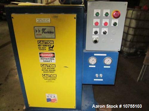 Used BF Perkins Two Roll Vertical Closed Frame Embosser, 36" face x 12" diameter steel induction hardened rolls, one mirror finish and one with 50 RMS finish.  Powered by two 2 hp AC motors via GE AF...