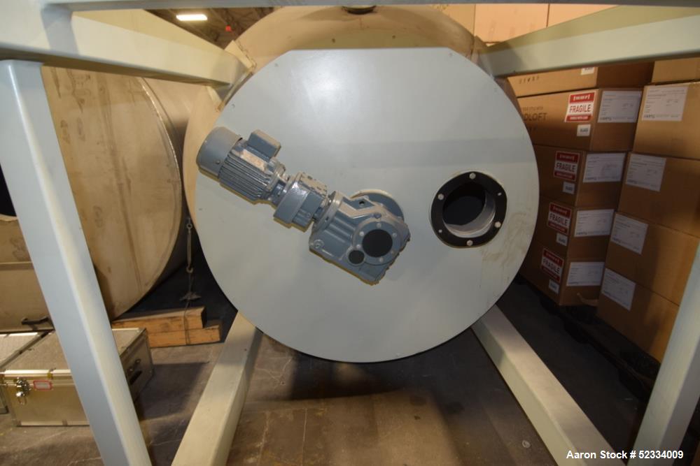 Used Grace-M Plastic Solution Bottom Agitated Stainless Steel Hopper. Approximate 70" diameter x 78" straight side, flat top, bolt on carbon steel flat bottom, approximate overall height 182". Mounte...