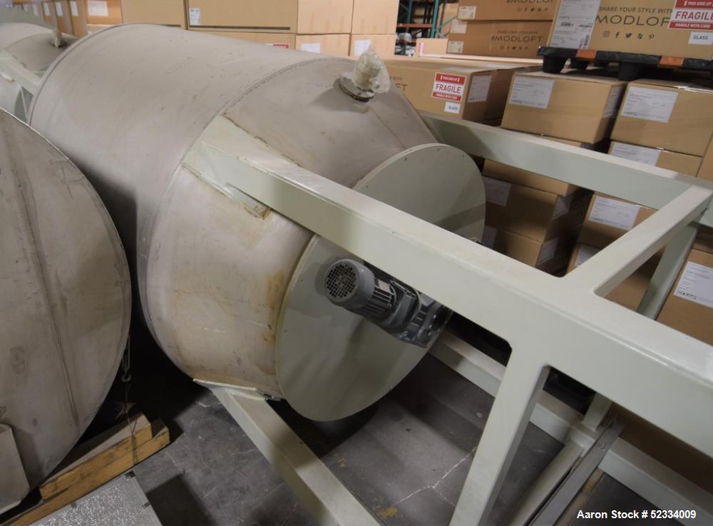 Used Grace-M Plastic Solution Bottom Agitated Stainless Steel Hopper. Approximate 70" diameter x 78" straight side, flat top, bolt on carbon steel flat bottom, approximate overall height 182". Mounte...