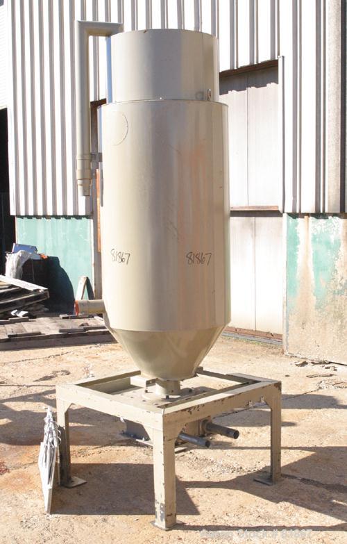 USED: Conair insulated dry hopper, model 1805390300. Approximate 12 cubic foot capacity, carbon steel. 26" diameter x 46" straight side x coned bottom. Side access door. Center bottom outlet. Mounted...