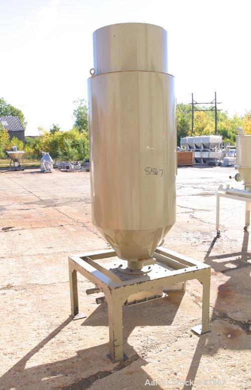 USED: Conair insulated dry hopper, model 1805390300. Approximate 12 cubic foot capacity, carbon steel. 26" diameter x 46" straight side x coned bottom. Side access door. Center bottom outlet. Mounted...
