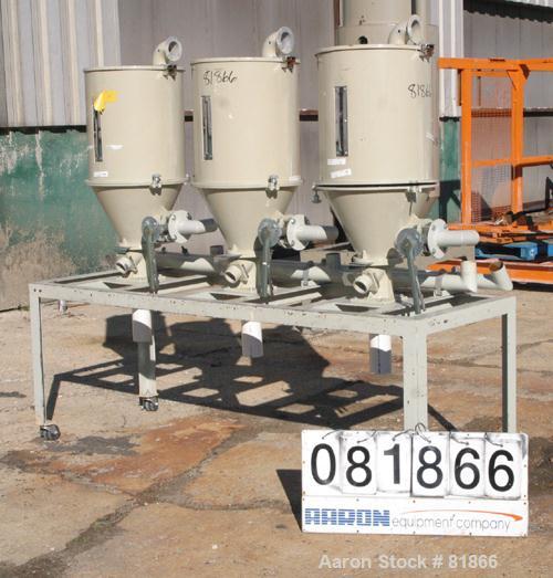 USED: Conair insulated dry hopper system consisting of 3 approx      4 cu ft hoppers, 16" diameter x 20" straight side x coned bottom. Carbon steel. Top removable cover, center bottom outlet. Mounted