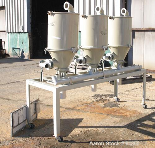 USED: Conair insulated dry hopper system consisting of 3 approx      4 cu ft hoppers, 16" diameter x 20" straight side x coned bottom. Carbon steel. Top removable cover, center bottom outlet. Mounted