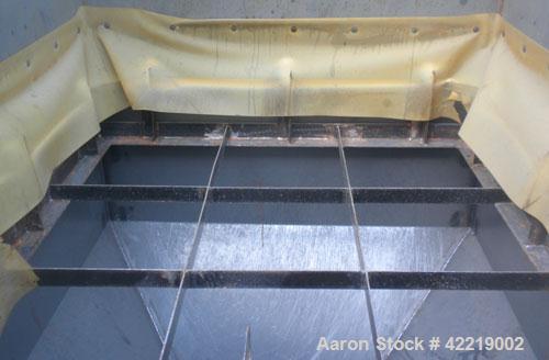 Used NBE Dry Bulk Storage Hopper, approximately 40 cubic feet, carbon steel. 44" wide x 44" long x 18" deep x coned bottom. Approximate 1400 pound capacity. Includes a top extension and grate. Mounte...
