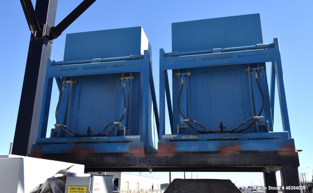 Used Dumpers Unlimited Dual Station Hydraulic Gondola Dumper. (2) Cradles approximate 44" x 44", each with dual ram. Includes a 3hp hydraulic power pack. Mounted on a 79" tall frame.