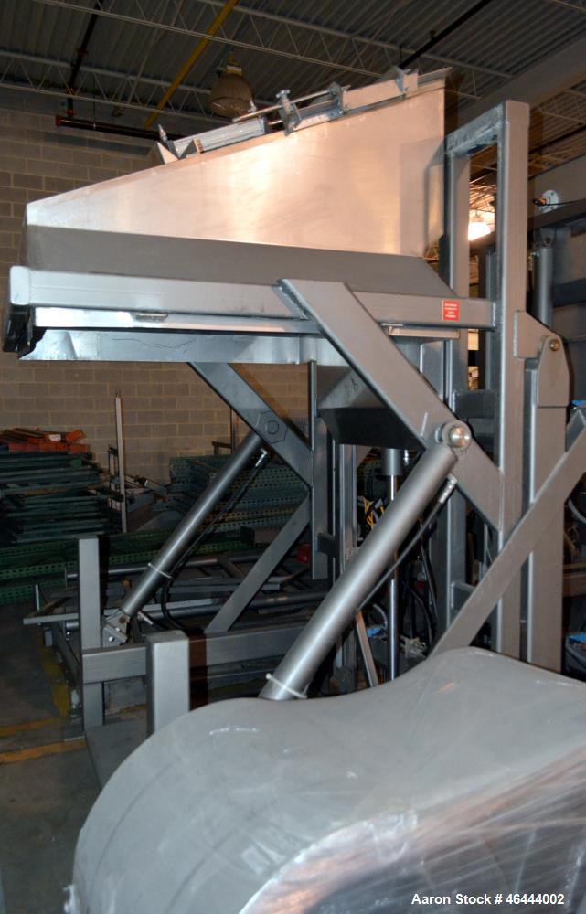 Used Meyer Machine Box Unloader, Model HBU-1500-SH, Carbon Steel Frame. 1500 Pound capacity. Approximate 44” x 44” bottom box plate, stainless steel discharge hood with an air operated slide valve. I...
