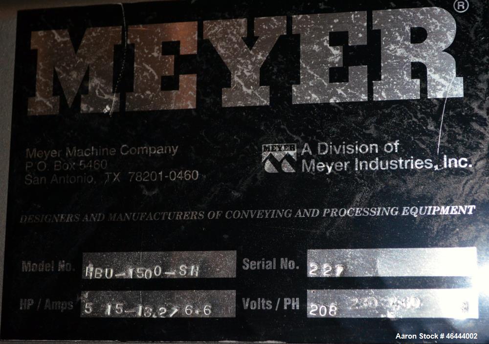 Used Meyer Machine Box Unloader, Model HBU-1500-SH, Carbon Steel Frame. 1500 Pound capacity. Approximate 44” x 44” bottom box plate, stainless steel discharge hood with an air operated slide valve. I...