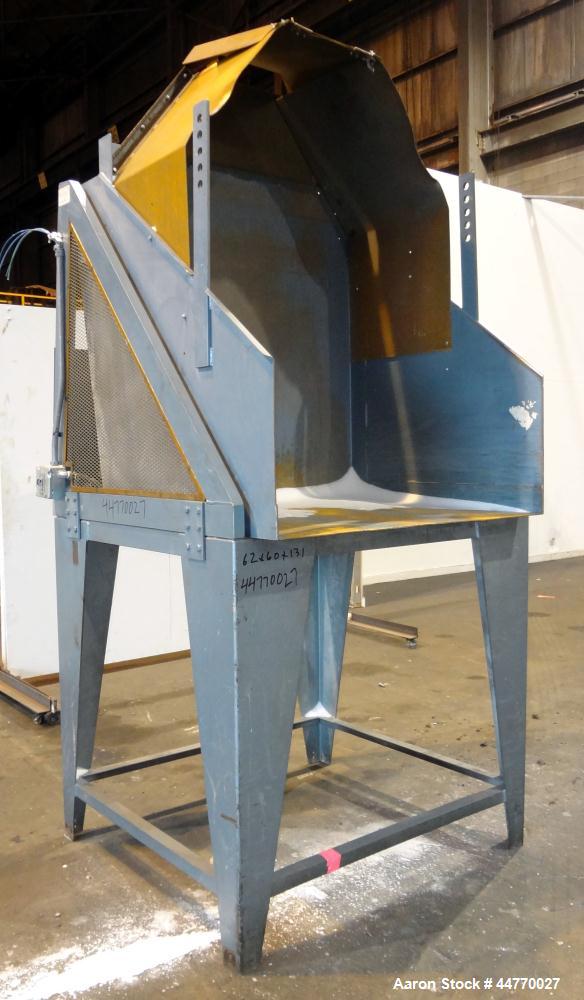Used NBE National Bulk Equipment Hydraulic Gaylord Box Dumper, Model 21-210, Carbon Steel.  Appproximately 48"wide x 41" deep, 102" dump height. Approximately 3/4 hp motor.  Mounted on 52" tall legs.