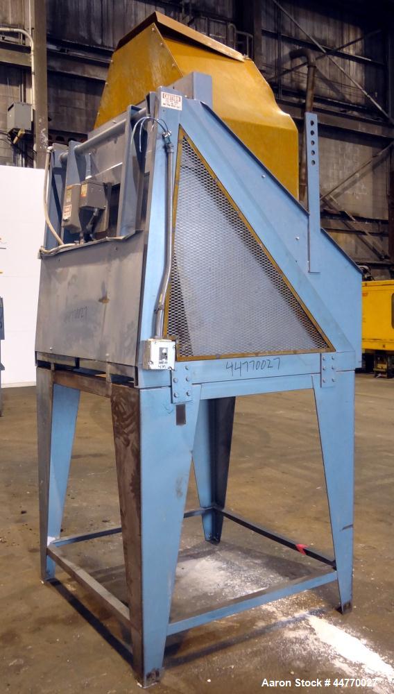 Used NBE National Bulk Equipment Hydraulic Gaylord Box Dumper, Model 21-210, Carbon Steel.  Appproximately 48"wide x 41" deep, 102" dump height. Approximately 3/4 hp motor.  Mounted on 52" tall legs.