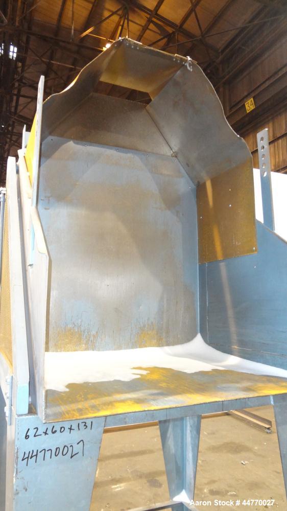 Used NBE National Bulk Equipment Hydraulic Gaylord Box Dumper, Model 21-210, Carbon Steel.  Appproximately 48"wide x 41" deep, 102" dump height. Approximately 3/4 hp motor.  Mounted on 52" tall legs.