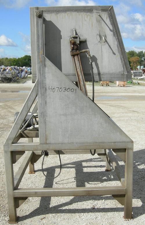 Used Box Dumper, 304 Stainless Steel. Dump area 54 1/2" wide x 39" deep x 28" high. Dual ram, hydraulically driven by a 2 hp, 3/60/208-230/460 volt, 1160 rpm motor. Approximate 60" dump height. Mount...