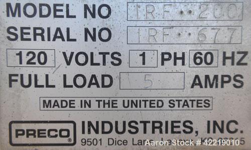 Used Preco Industries Die Cutting Press, Model IRF-200. Platen size 21’’ wide x 15-1/2’’ long, distance between posts 15’’ wide x 10’’ long. Includes a 24’’ wide roll feeder.
