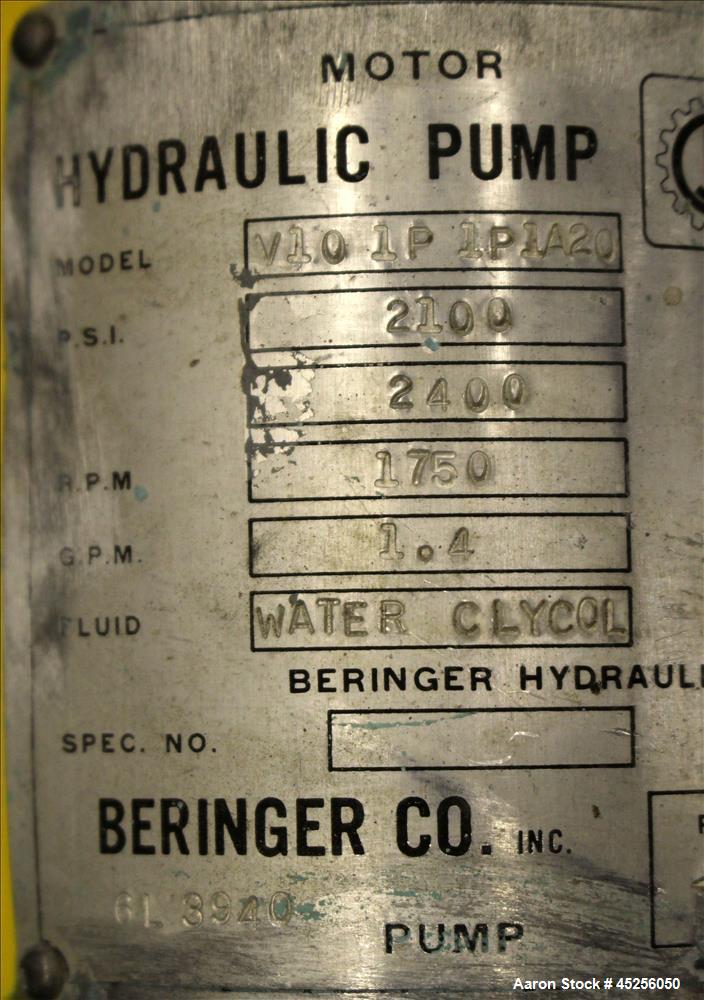 Used Beringer Hydraulic Pump, Model V101P1P1A20. 3hp, 3/60/230/460 volt, 1750 rpm motor. Serial# 4510432.