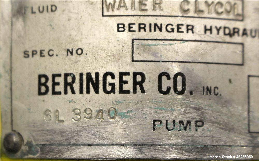 Used Beringer Hydraulic Pump, Model V101P1P1A20. 3hp, 3/60/230/460 volt, 1750 rpm motor. Serial# 4510432.