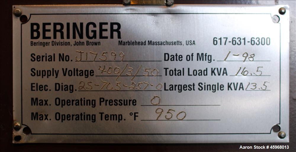 Used Beringer Jet Cleaner, Model JPC 1724. Approximately 17" Diameter x 24" long horizontal chamber. Roll out parts tray. Maximum operating temperature 950 degrees F. Maximum operating pressure 0 psi...