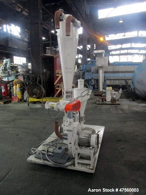 Used Kice Aspirator System, Model 6DT8-4. Approximate 1000 pounds per hour capacity. Includes a 3hp blower, cyclone, rotary valve, bunting magnet and motor starters. Base mounted, serial# 196373, bui...