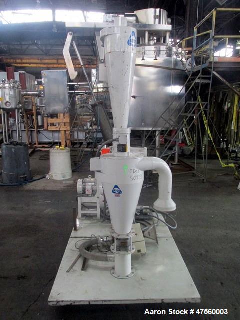 Used Kice Aspirator System, Model 6DT8-4. Approximate 1000 pounds per hour capacity. Includes a 3hp blower, cyclone, rotary valve, bunting magnet and motor starters. Base mounted, serial# 196373, bui...