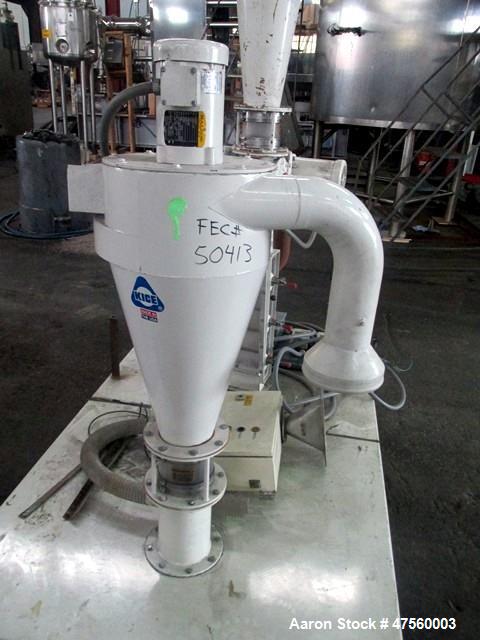 Used Kice Aspirator System, Model 6DT8-4. Approximate 1000 pounds per hour capacity. Includes a 3hp blower, cyclone, rotary valve, bunting magnet and motor starters. Base mounted, serial# 196373, bui...