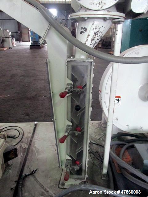 Used Kice Aspirator System, Model 6DT8-4. Approximate 1000 pounds per hour capacity. Includes a 3hp blower, cyclone, rotary valve, bunting magnet and motor starters. Base mounted, serial# 196373, bui...