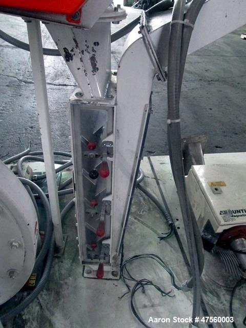 Used Kice Aspirator System, Model 6DT8-4. Approximate 1000 pounds per hour capacity. Includes a 3hp blower, cyclone, rotary valve, bunting magnet and motor starters. Base mounted, serial# 196373, bui...
