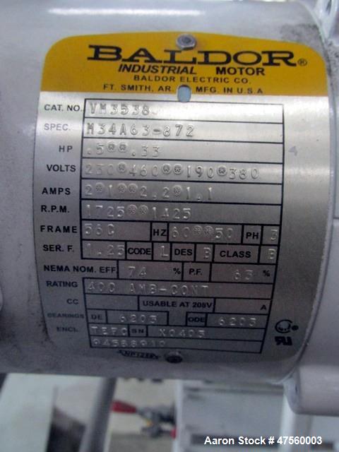 Used Kice Aspirator System, Model 6DT8-4. Approximate 1000 pounds per hour capacity. Includes a 3hp blower, cyclone, rotary valve, bunting magnet and motor starters. Base mounted, serial# 196373, bui...