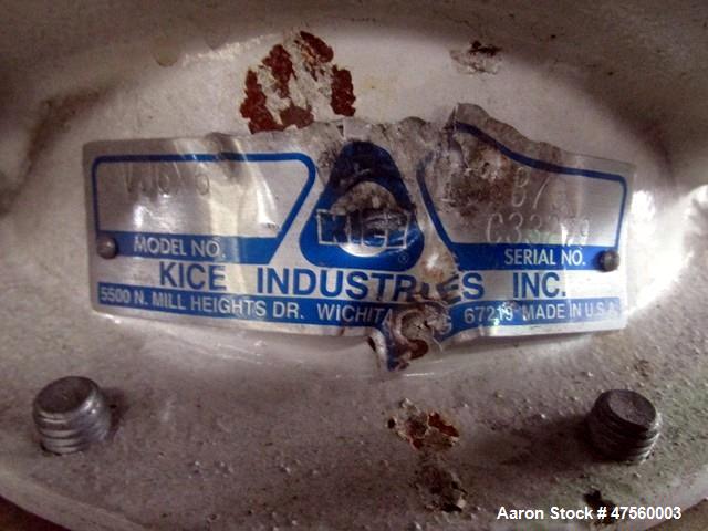 Used Kice Aspirator System, Model 6DT8-4. Approximate 1000 pounds per hour capacity. Includes a 3hp blower, cyclone, rotary valve, bunting magnet and motor starters. Base mounted, serial# 196373, bui...