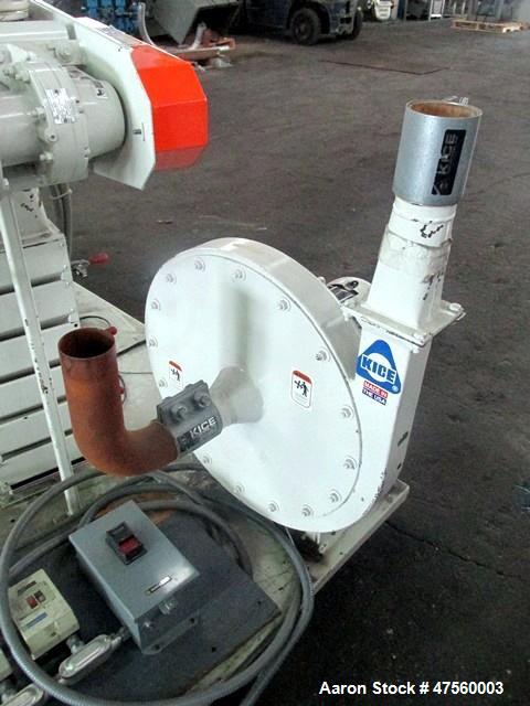 Used Kice Aspirator System, Model 6DT8-4. Approximate 1000 pounds per hour capacity. Includes a 3hp blower, cyclone, rotary valve, bunting magnet and motor starters. Base mounted, serial# 196373, bui...