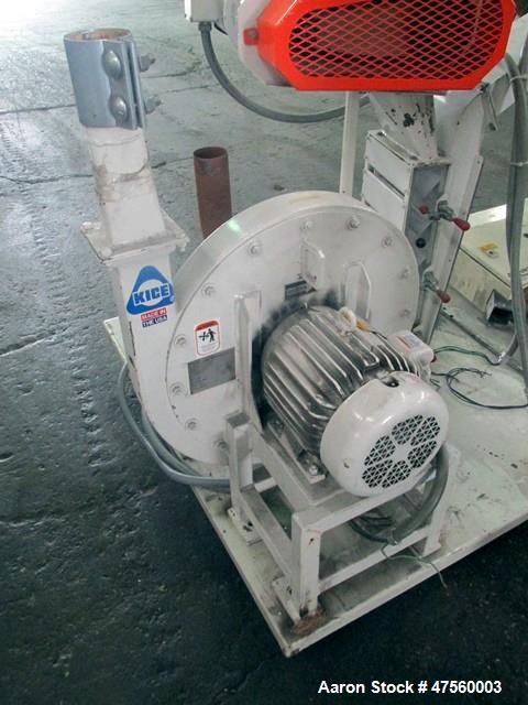 Used Kice Aspirator System, Model 6DT8-4. Approximate 1000 pounds per hour capacity. Includes a 3hp blower, cyclone, rotary valve, bunting magnet and motor starters. Base mounted, serial# 196373, bui...