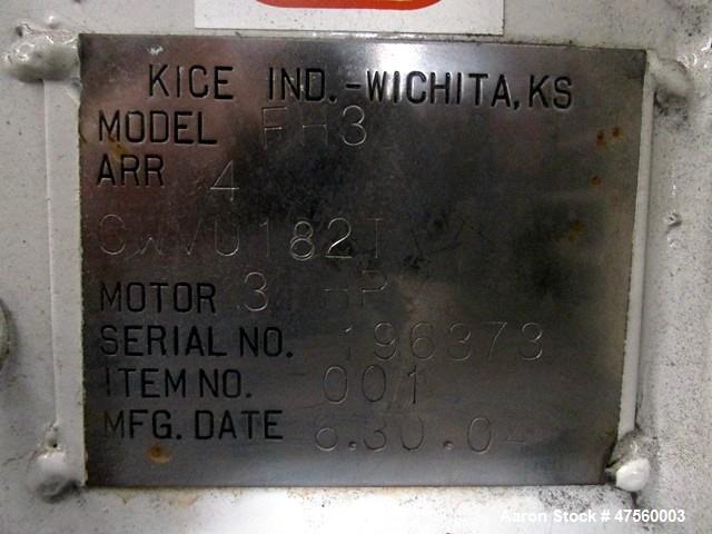 Used Kice Aspirator System, Model 6DT8-4. Approximate 1000 pounds per hour capacity. Includes a 3hp blower, cyclone, rotary valve, bunting magnet and motor starters. Base mounted, serial# 196373, bui...
