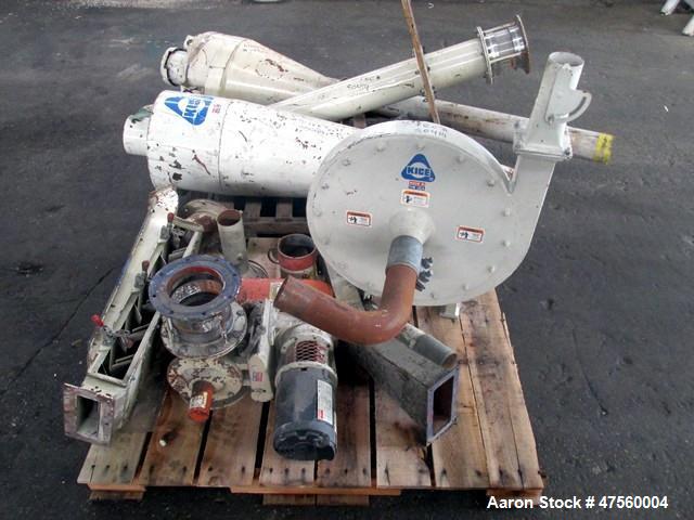 Used Kice Aspirator System, Model 6DT8-4. Approximate 1000 pounds per hour capacity. Includes a 3hp blower, cyclone, and a rotary valve. Serial# 182787, built 2002.