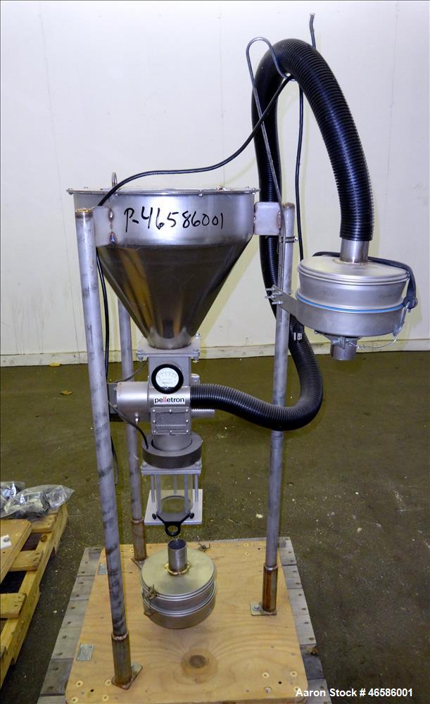 Used Pelletron Dedusting System, Model P1, 304 Stainless Steel. Rated up to 150 pounds per hour, bulk density 32-36 pounds per cubic foot. Removes dust particles 1.6 to 500 microns, streamers less th...