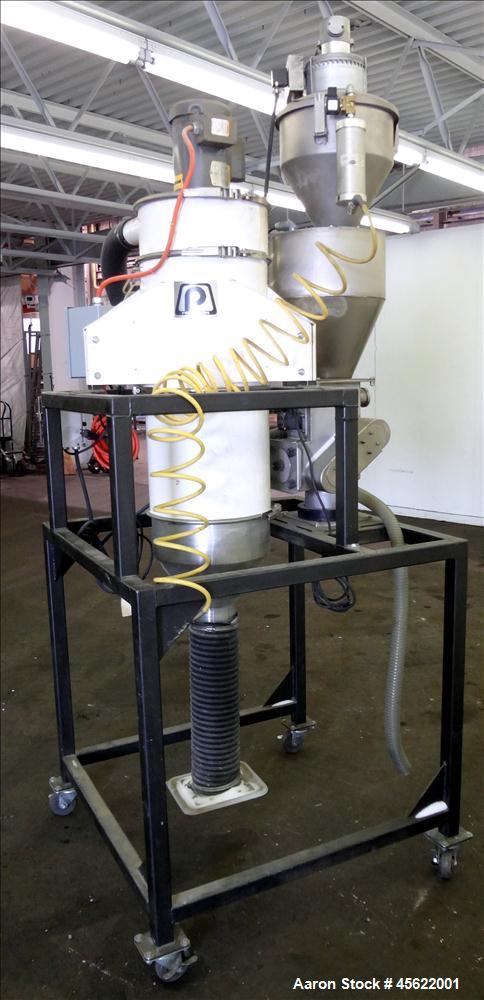 Used Pelletron Gravity Deduster, Model P5 Hoerbiger, Carbon Steel. Capacity range approximately 100-600 pounds per hour. Top mounted blower with 1-1/2 hp, 3450 rpm, 115/230 volt motor. Includes top m...